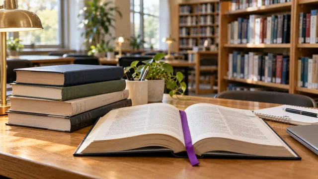 Книги и открытое издание на столе в библиотеке